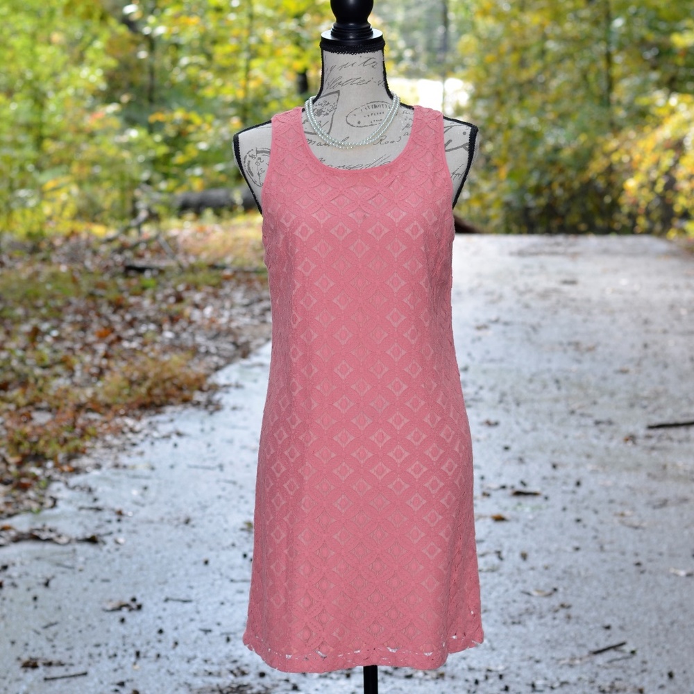 Salmon pink lace shift dress